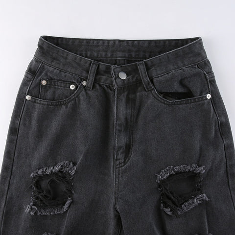 Vintage Ripped Hole Jeans Women Baggy Cut Out High Waist Denim Pants