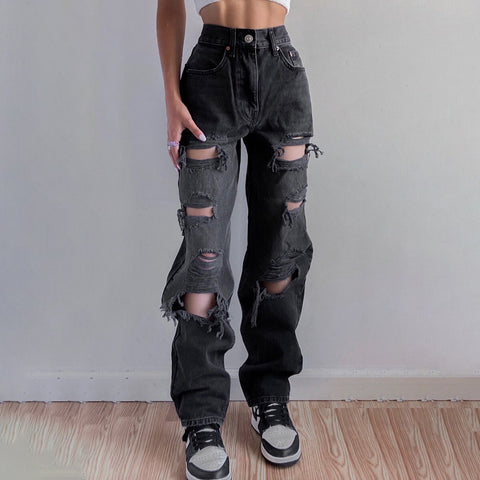 Vintage Ripped Hole Jeans Women Baggy Cut Out High Waist Denim Pants