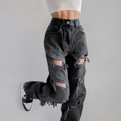 Vintage Ripped Hole Jeans Women Baggy Cut Out High Waist Denim Pants