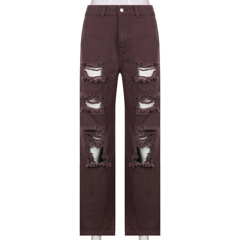 Vintage Ripped Hole Jeans Women Baggy Cut Out High Waist Denim Pants