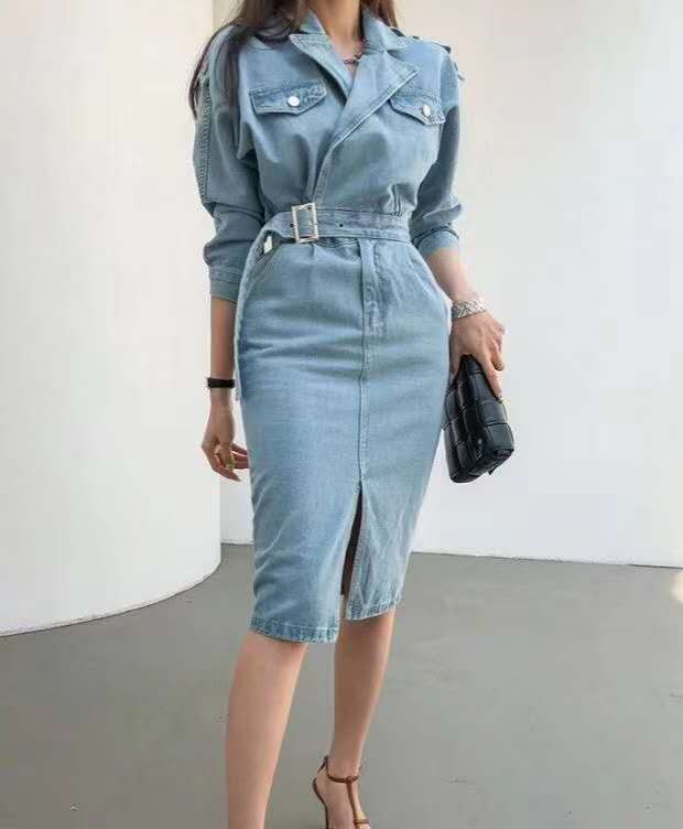 Elegant Full Sleeve Split Women Denim Dress Notched Collar