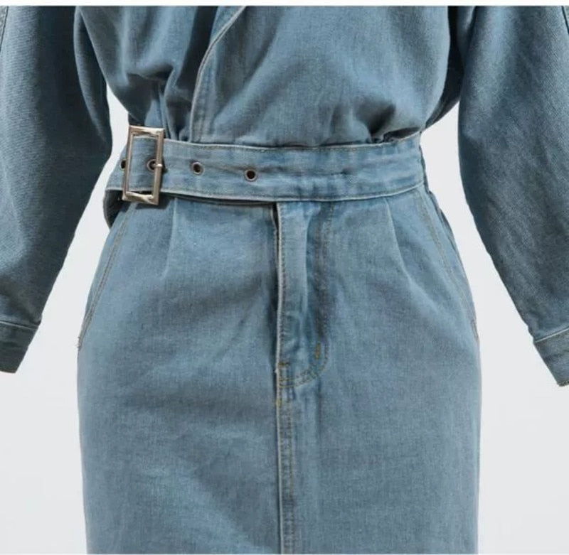 Elegant Full Sleeve Split Women Denim Dress Notched Collar