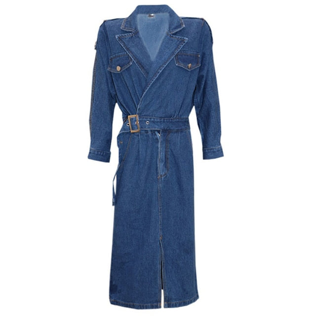 Elegant Full Sleeve Split Women Denim Dress Notched Collar