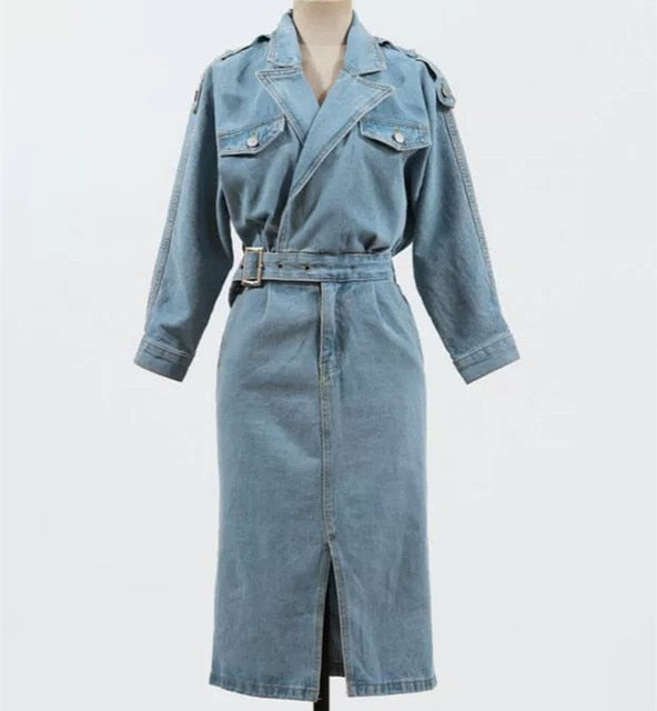 Elegant Full Sleeve Split Women Denim Dress Notched Collar