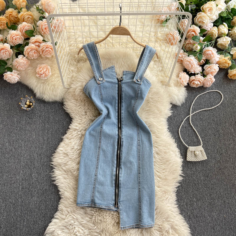 Straps Denim Slash Neck Zip Up Mini Dress