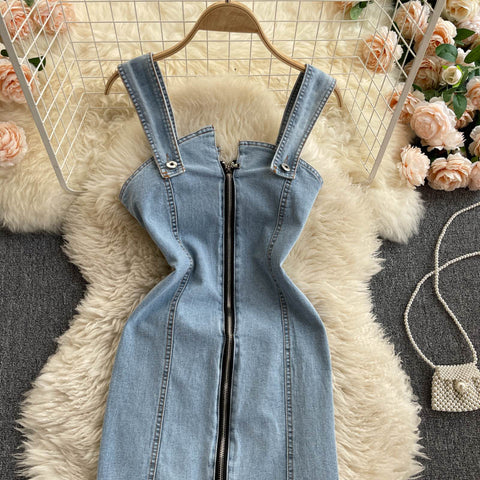 Straps Denim Slash Neck Zip Up Mini Dress