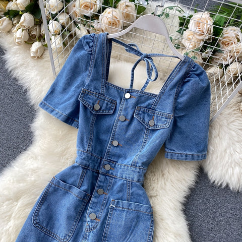 fashion Split denim dress single-breasted slim Square collar