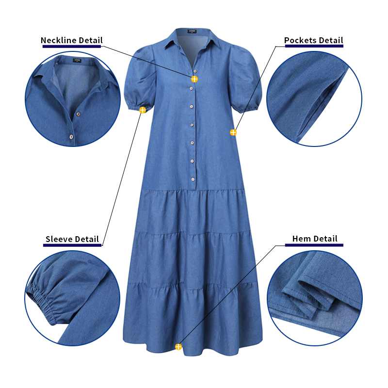 Summer Women Dress Denim Shirt Dress Vintage Short Sleeve Turn-down Collar