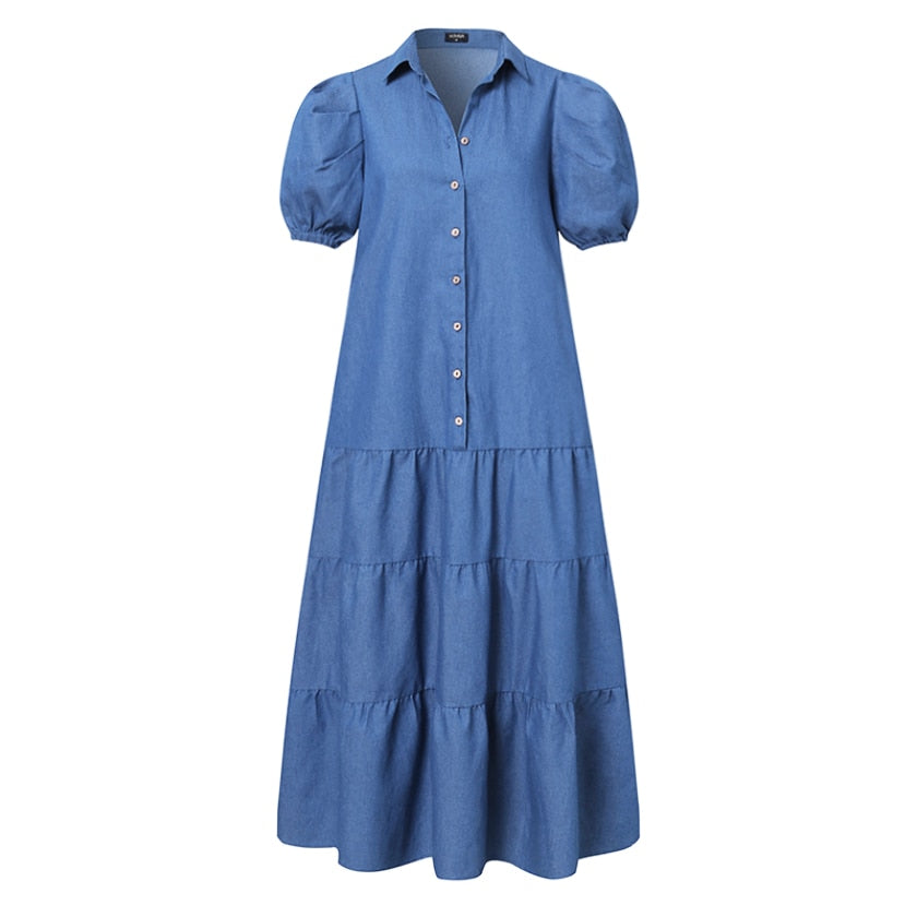 Summer Women Dress Denim Shirt Dress Vintage Short Sleeve Turn-down Collar