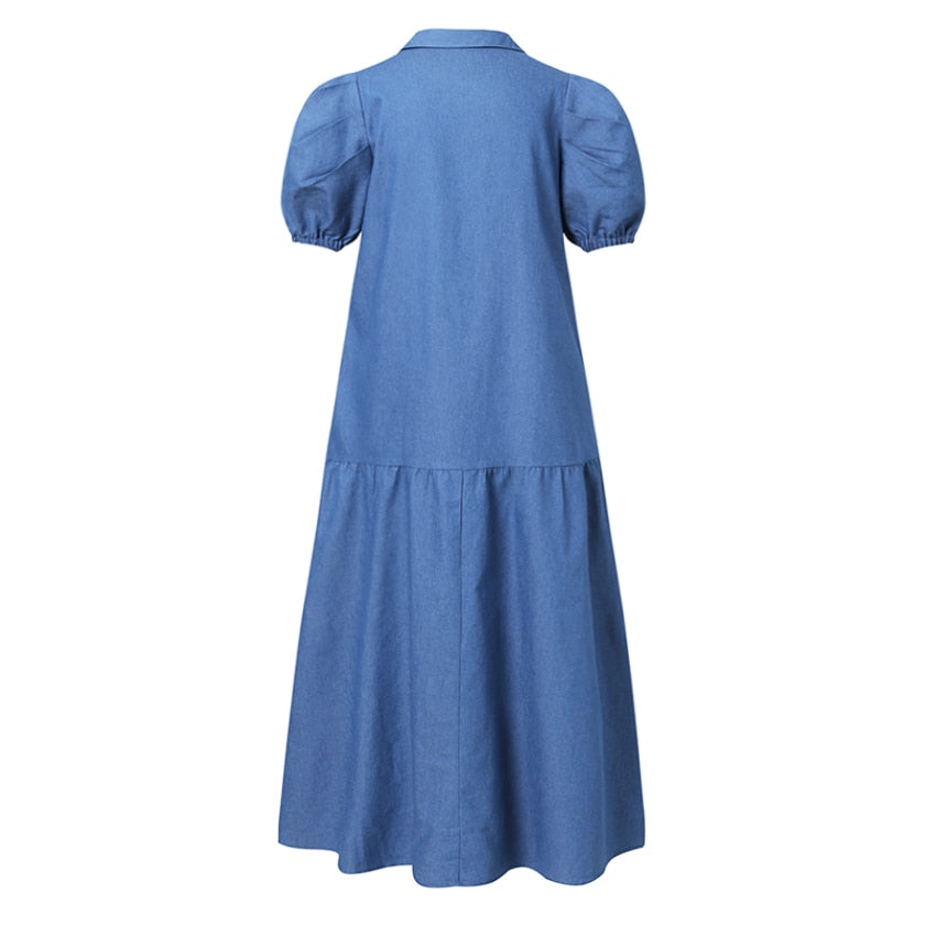 Summer Women Dress Denim Shirt Dress Vintage Short Sleeve Turn-down Collar