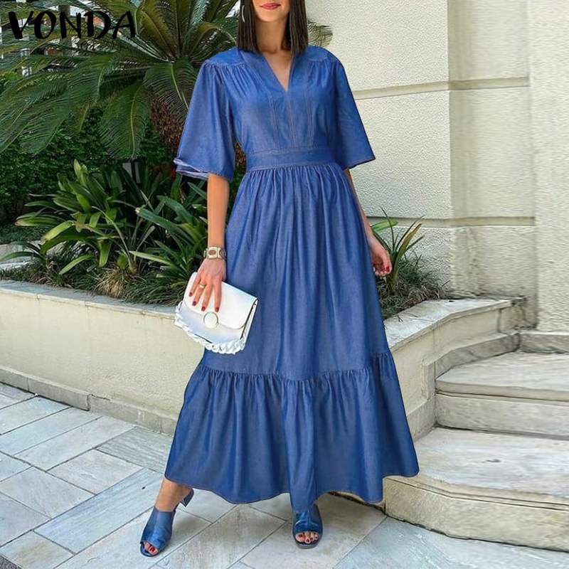 Vintage V Neck Belted Party Denim Dress