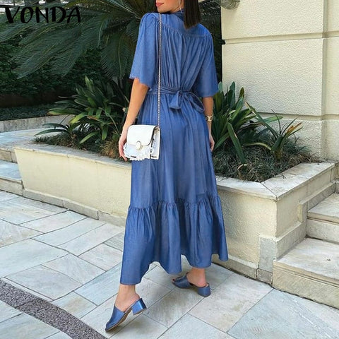 Vintage V Neck Belted Party Denim Dress