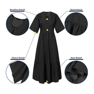 Vintage V Neck Belted Party Denim Dress