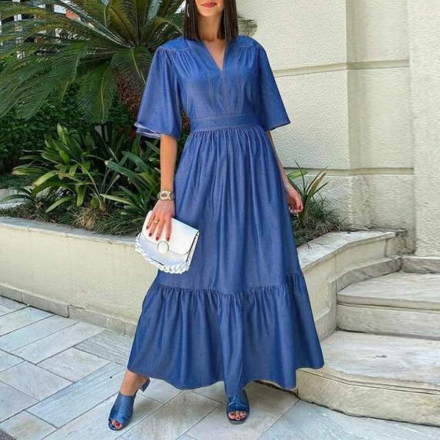 Vintage V Neck Belted Party Denim Dress