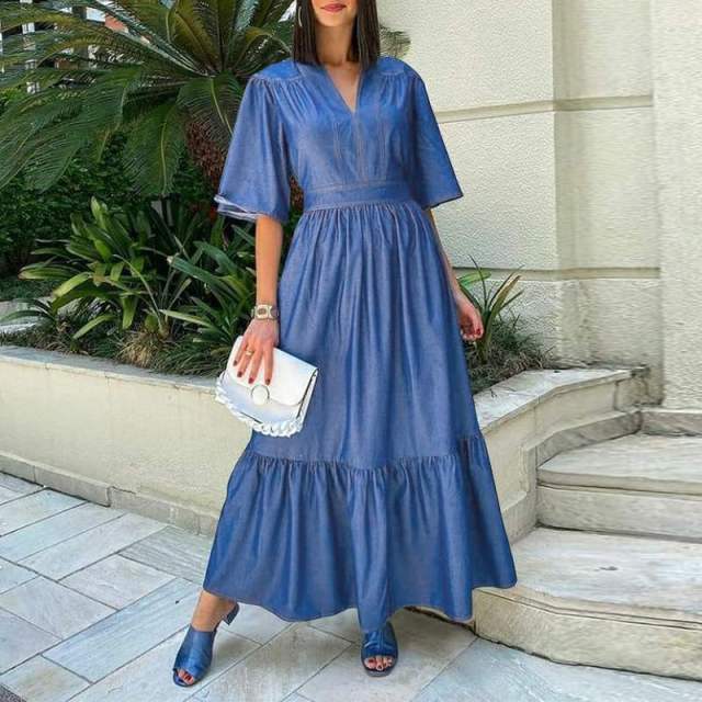 Vintage V Neck Belted Party Denim Dress