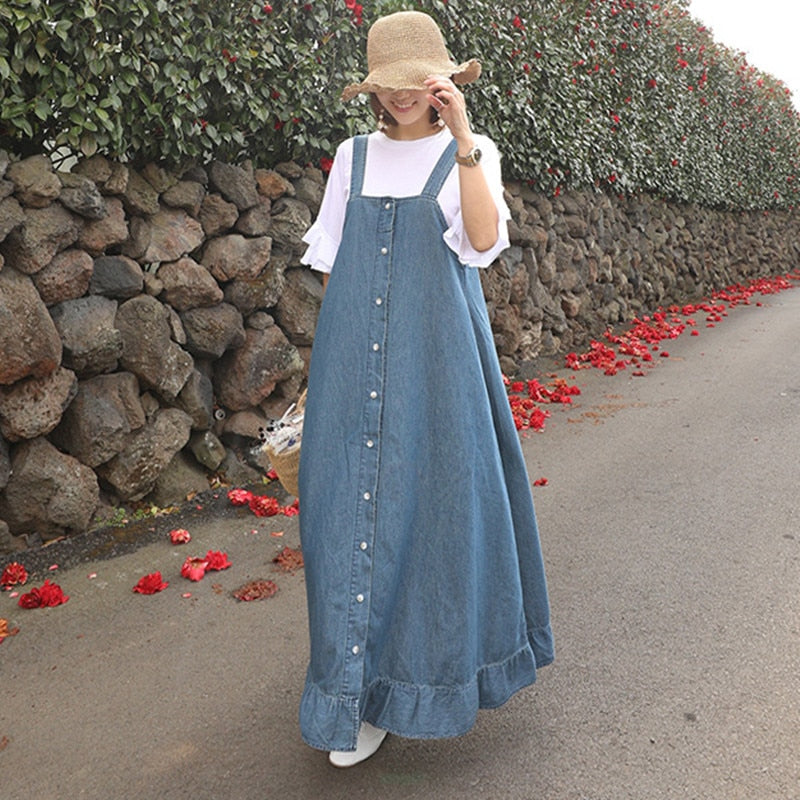 Maxi Dress Sleeveless Spring Autumn Denim Light Blue Single Breasted