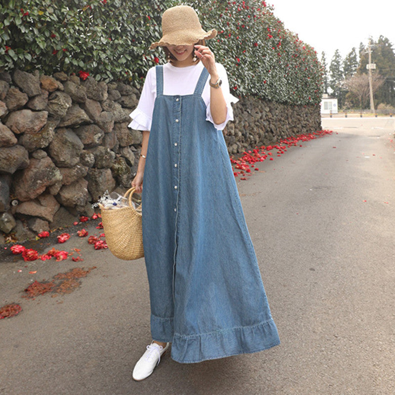 Maxi Dress Sleeveless Spring Autumn Denim Light Blue Single Breasted