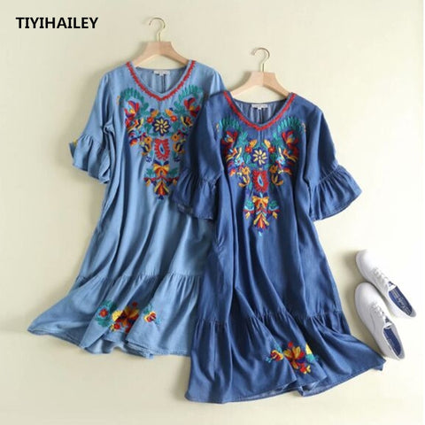 Fashion Embroidery Short Sleeve Denim Dress