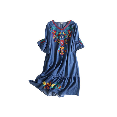 Fashion Embroidery Short Sleeve Denim Dress