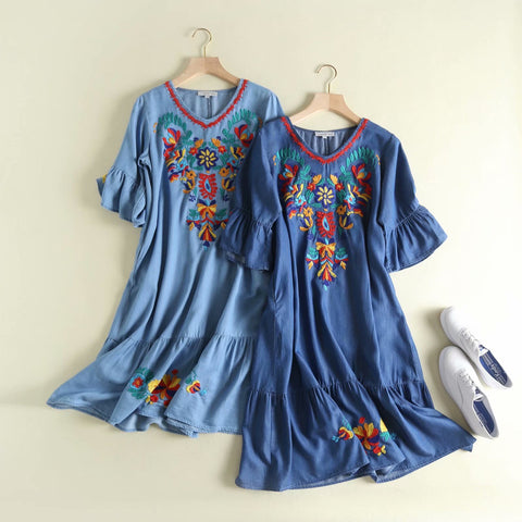 Fashion Embroidery Short Sleeve Denim Dress