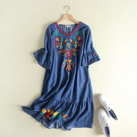 Fashion Embroidery Short Sleeve Denim Dress