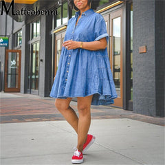 Denim Dress Retro Women Short Sleeve Turn Down Collar Pockets