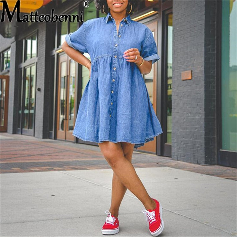 Denim Dress Retro Women Short Sleeve Turn Down Collar Pockets