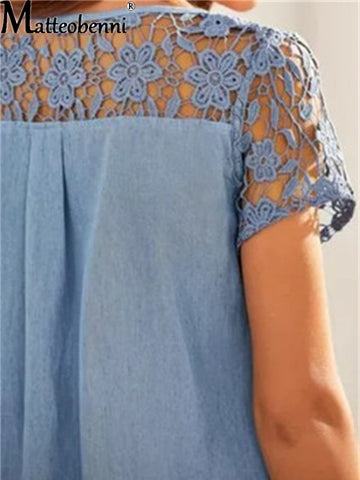 Lace Patchwork Buttons Pocket Knee-Length Denim Dress