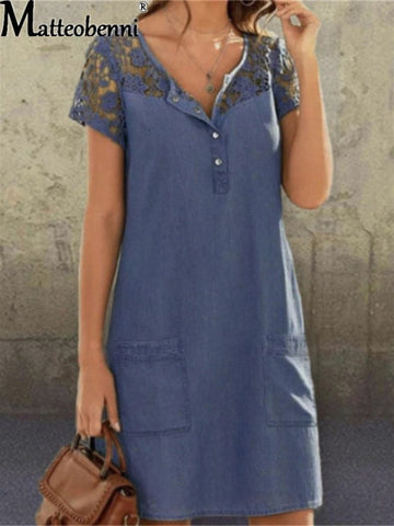 Lace Patchwork Buttons Pocket Knee-Length Denim Dress