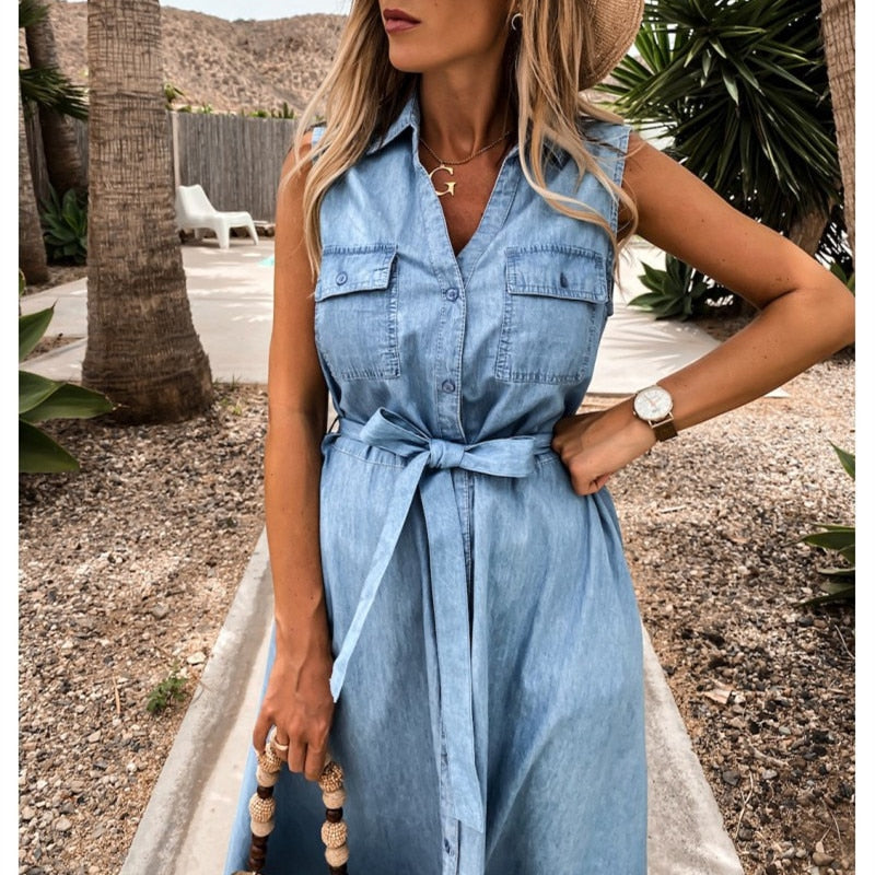 Casual A-line Denim Dress Autumn Women Fashion Sleeveless Maxi Jeans