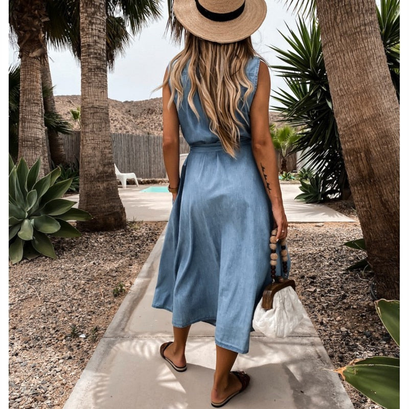 Casual A-line Denim Dress Autumn Women Fashion Sleeveless Maxi Jeans