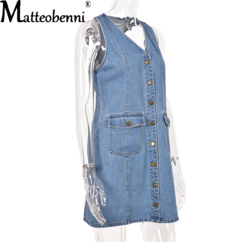 Buttons Sleeveless  Casual Solid Color Denim Dress Fashion Pocket