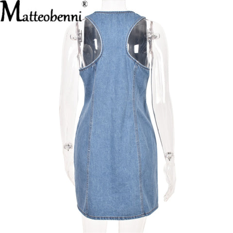 Buttons Sleeveless  Casual Solid Color Denim Dress Fashion Pocket