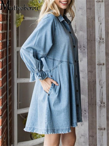 Shirt Dress Office Ladies Big Pocket Button Solid Color Dress