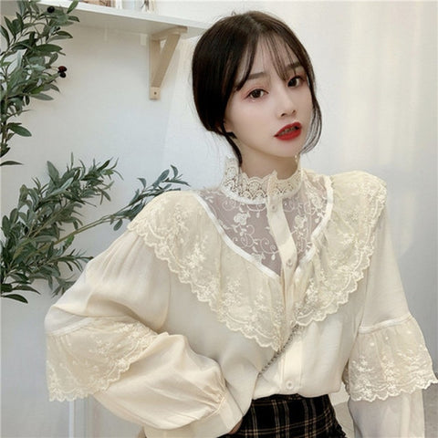 Loose Clothes Lace Up Ruffled Ladies Tops Vintage Lace Shirts