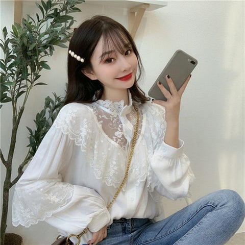 Loose Clothes Lace Up Ruffled Ladies Tops Vintage Lace Shirts