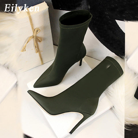 Fashion Stretch Fabric Women Boots Pointed Toe Ankle Boots High heels