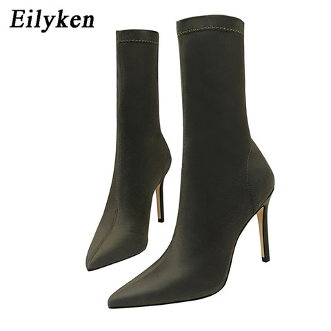 Fashion Stretch Fabric Women Boots Pointed Toe Ankle Boots High heels