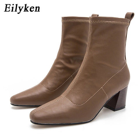Ankle Boots For Women Soft PU Leather Female Square Heels Elastic Boots