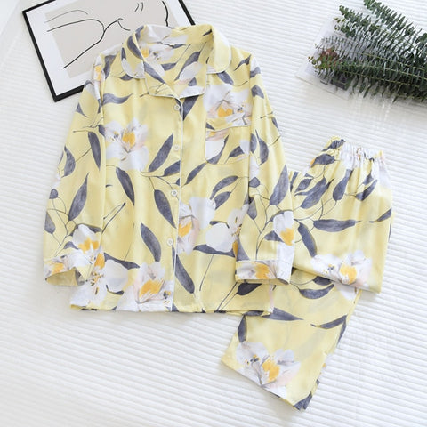 pure cotton silk pajamas suit long-sleeved fresh floral