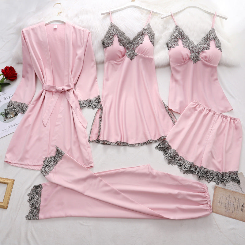 5PC Silk Robe Sleep Suit Lace Satin Pajamas Gown Set