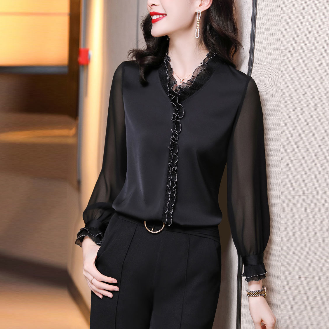 Ruffles Chiffon Shirts Women's Clothing Office Lady Long Sleeve