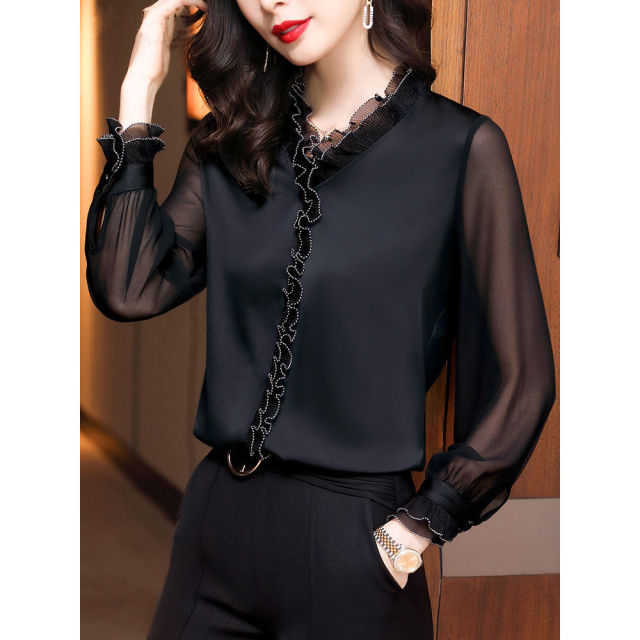 Ruffles Chiffon Shirts Women's Clothing Office Lady Long Sleeve