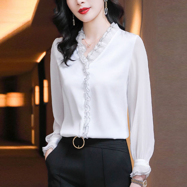 Ruffles Chiffon Shirts Women's Clothing Office Lady Long Sleeve