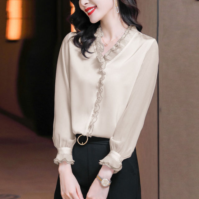 Ruffles Chiffon Shirts Women's Clothing Office Lady Long Sleeve