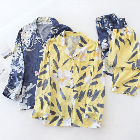 ladies viscose pajamas long-sleeved elegant big flower