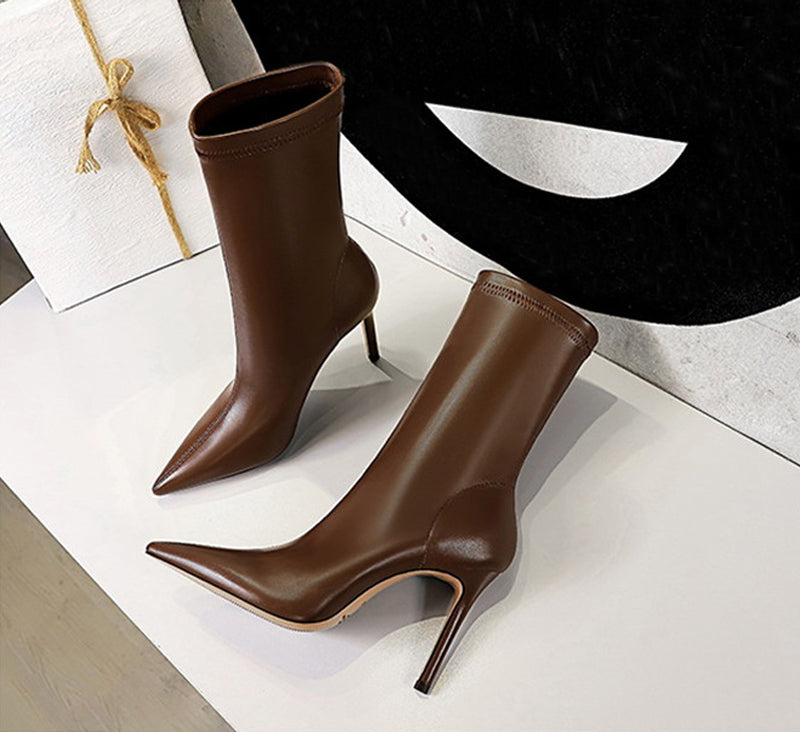 Soft PU Leather Boots Women Pointed Toe Pumps Heels Fashion