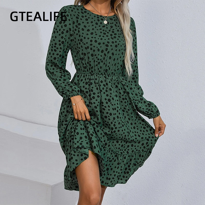 Print Ruffle Hem Midi Elegant Boho O Neck Long Sleeve Dresses