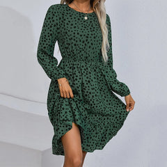 Print Ruffle Hem Midi Elegant Boho O Neck Long Sleeve Dresses