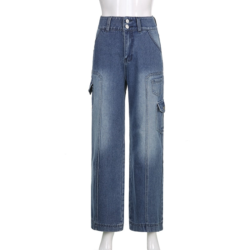 Jeans Streetwear High Waist Jeans Wide Leg Pockets Patchwork Baggy Cargo